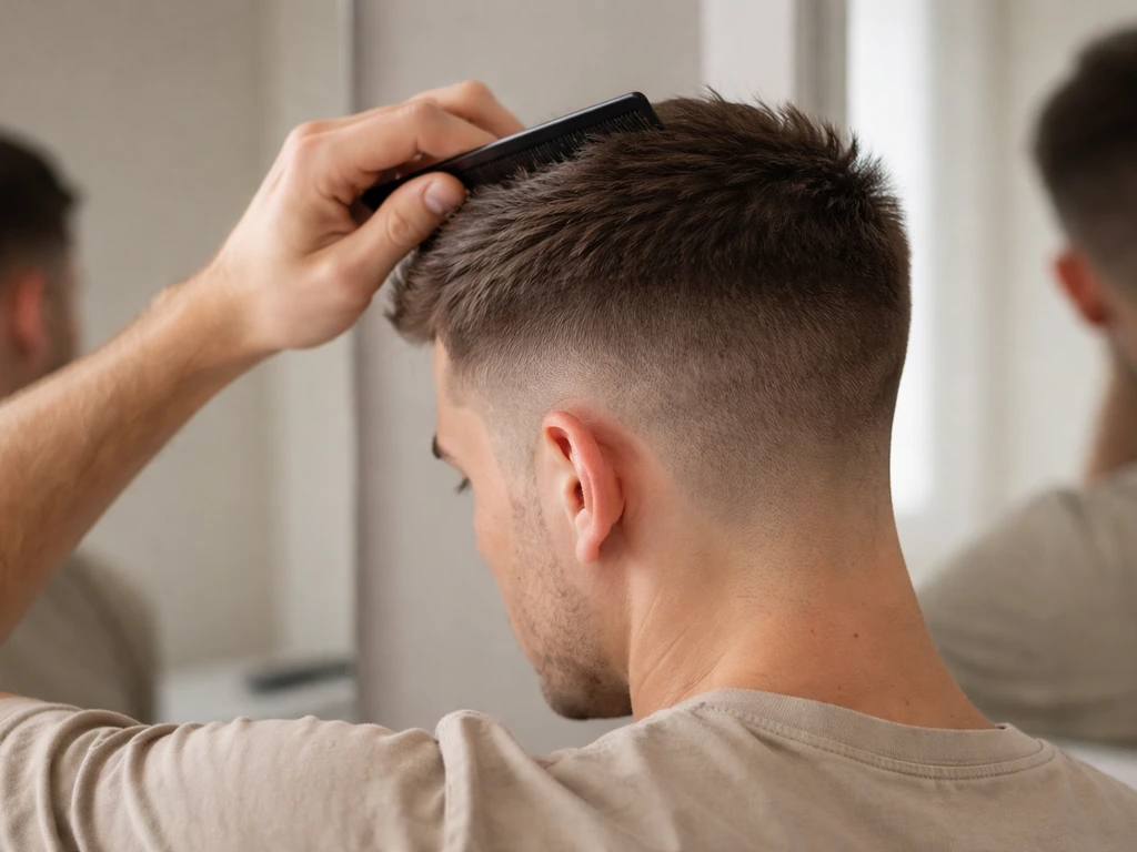 Person brushing a buzz cut top forward while keeping a clean taper fade on the sides.