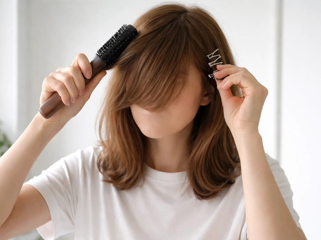 Person fixing side-swept bangs with a brush and small clips in front of a mirror