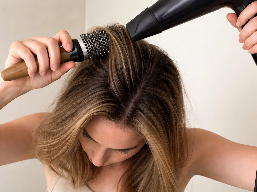 Anonymous person blow-drying hair at the roots with a round brush to lift a cowlick.