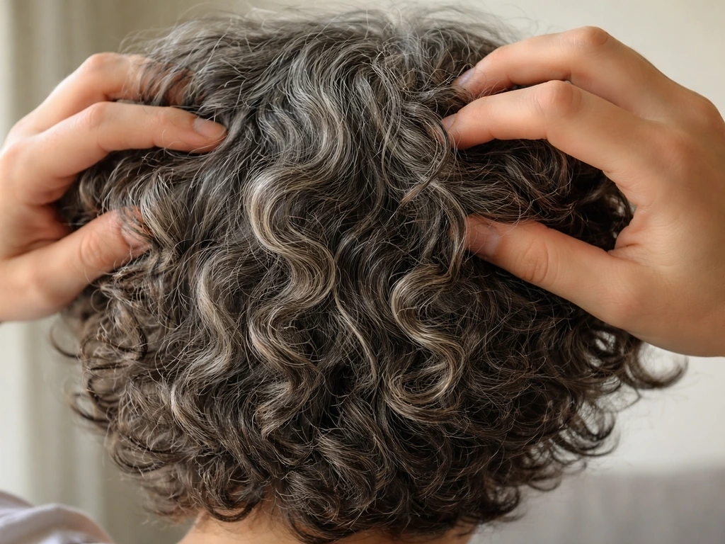 Close-up of fingers running through natural gray curly hair, showing texture and curl pattern
