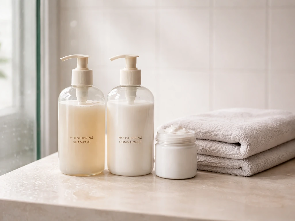 Minimal shower-sink countertop with curl routine bottles, towel, and leave-in near a glass shower.