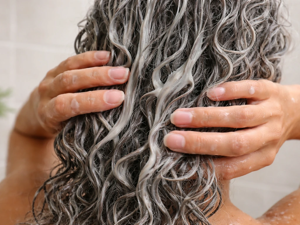 Hands apply a creamy protein mask through wet gray curls as conditioner glides through the strands.