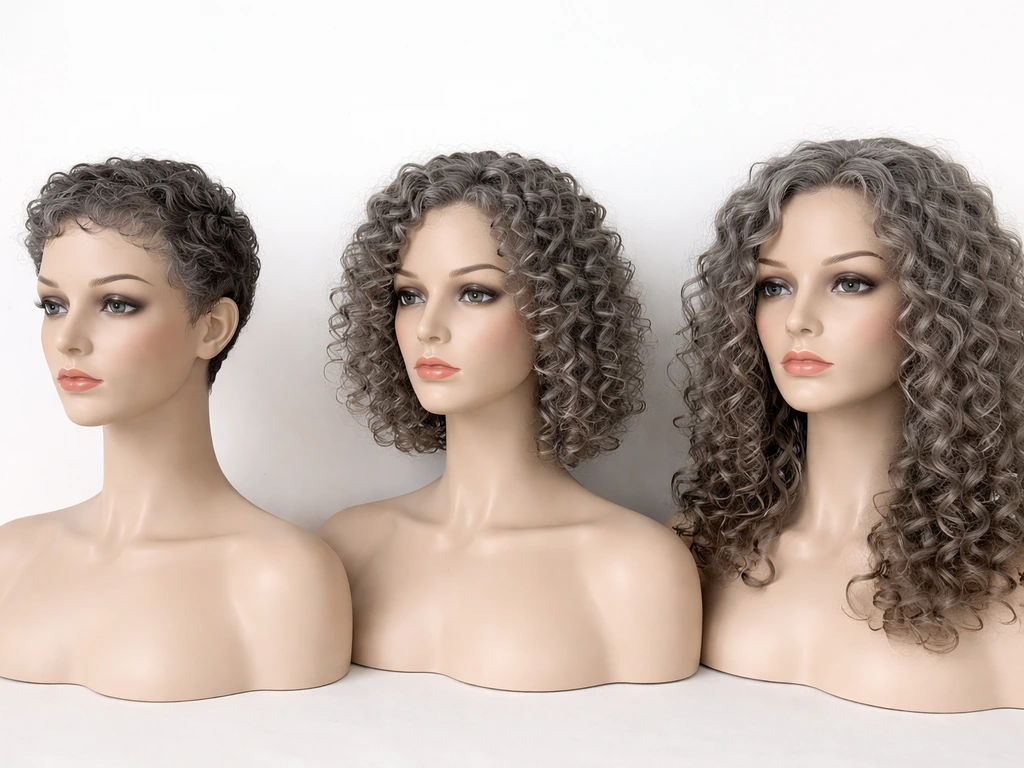 Three mannequin heads showing short, mid, and longer gray curly hair stages in a simple studio setup.