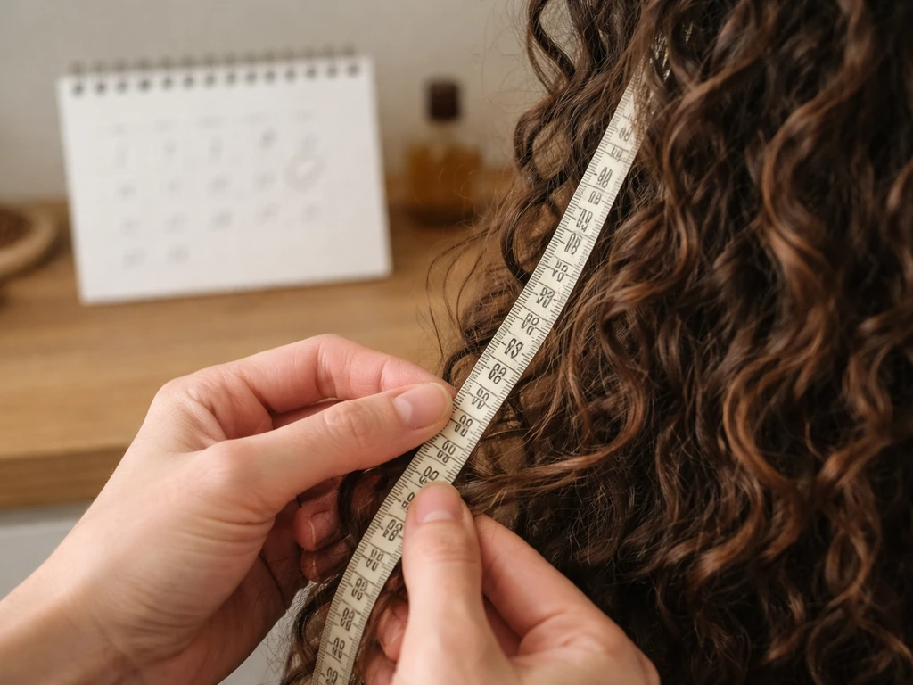 Hands measure curly hair length with a tape, with a small out-of-focus calendar nearby.