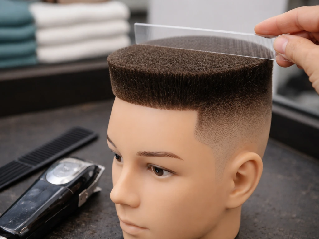 Close-up of a trimmed flat-top haircut on a mannequin with comb and subtle level guide.