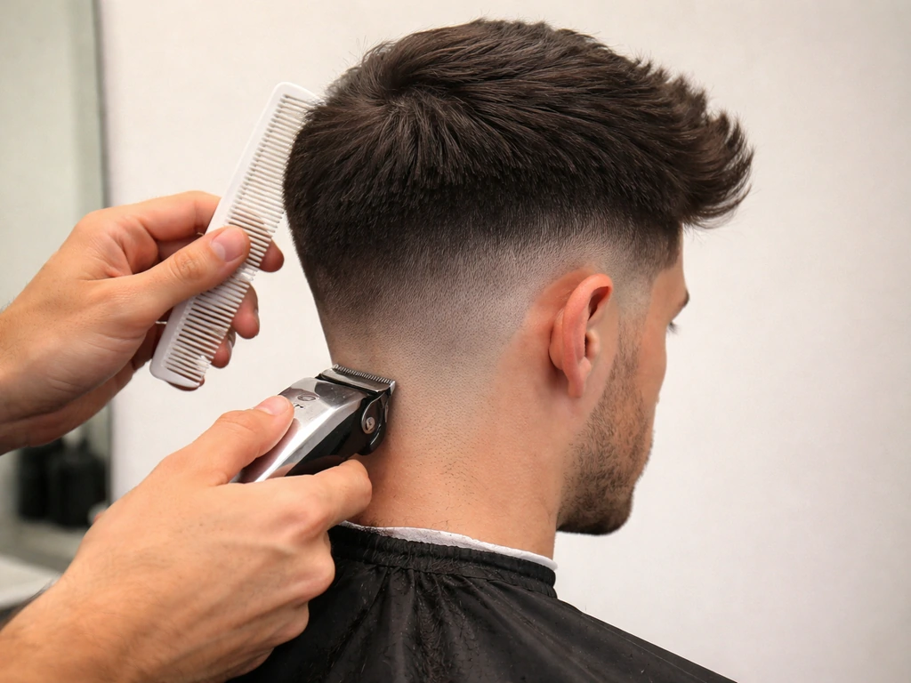 Barber trims the sides and back of a man’s haircut with clippers, showing a short-to-long taper gradient