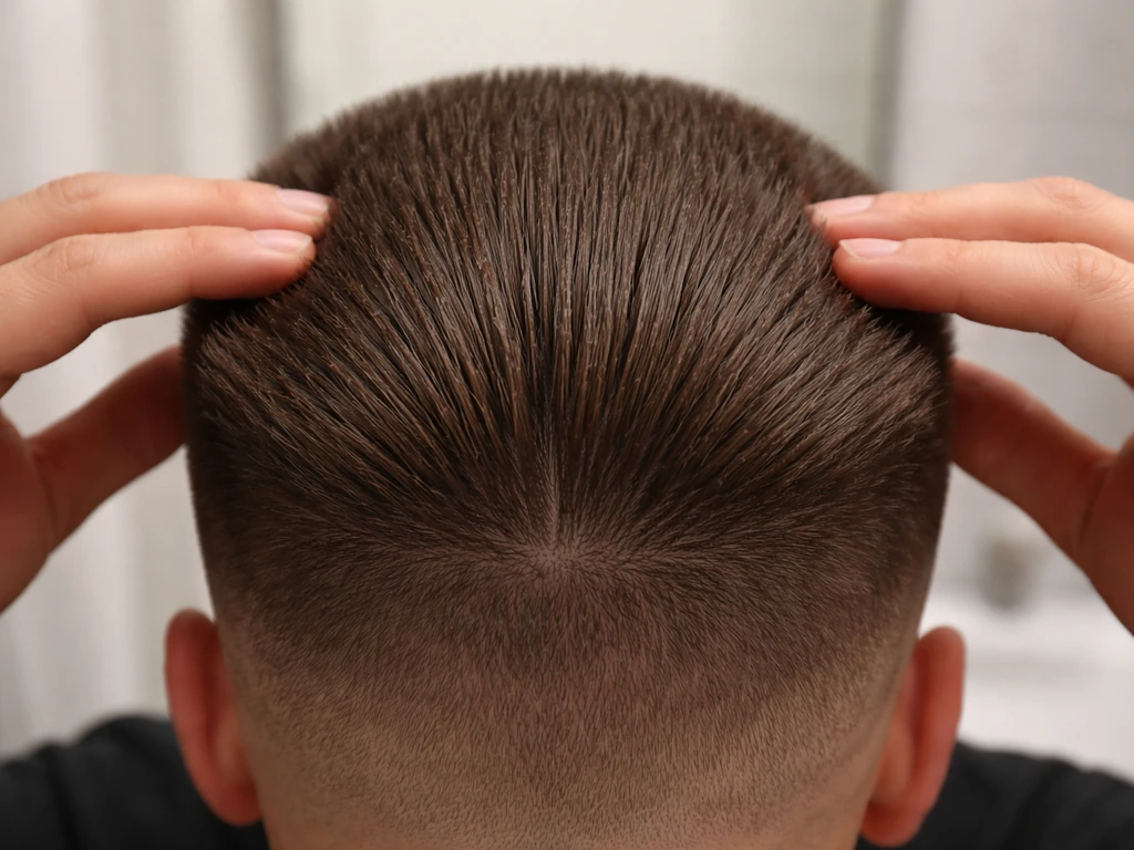 Close-up of a man’s flat-top hair at the crown with sections separated and smoothed with styling cream.