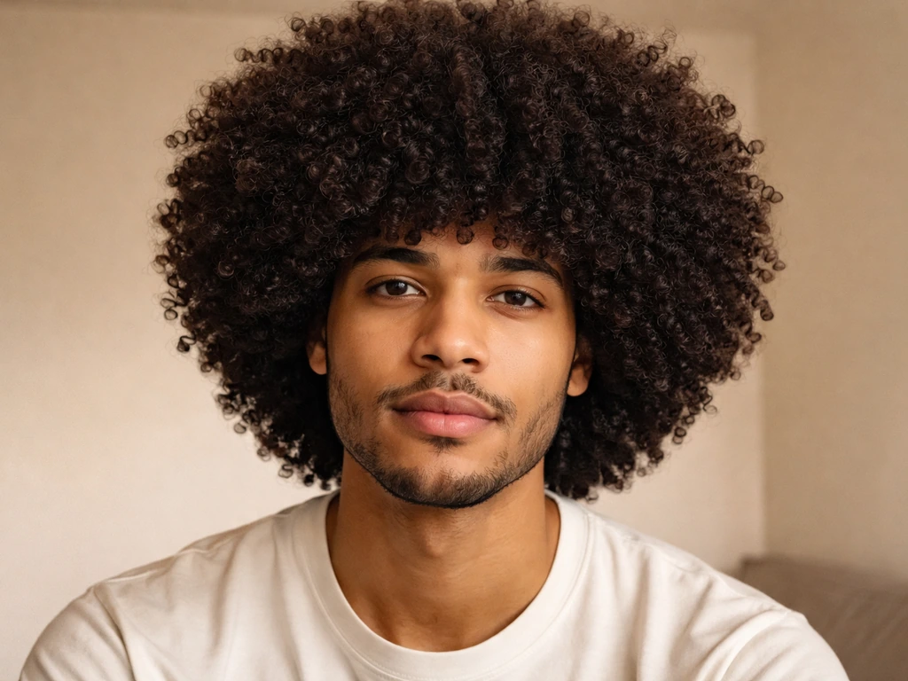 Voluminous jewfro with defined curl clumps and rounded shape in soft natural light.