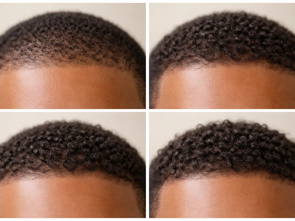Minimal close-up timeline-style hair growth stages showing texture changes from stubble to fuller hair.