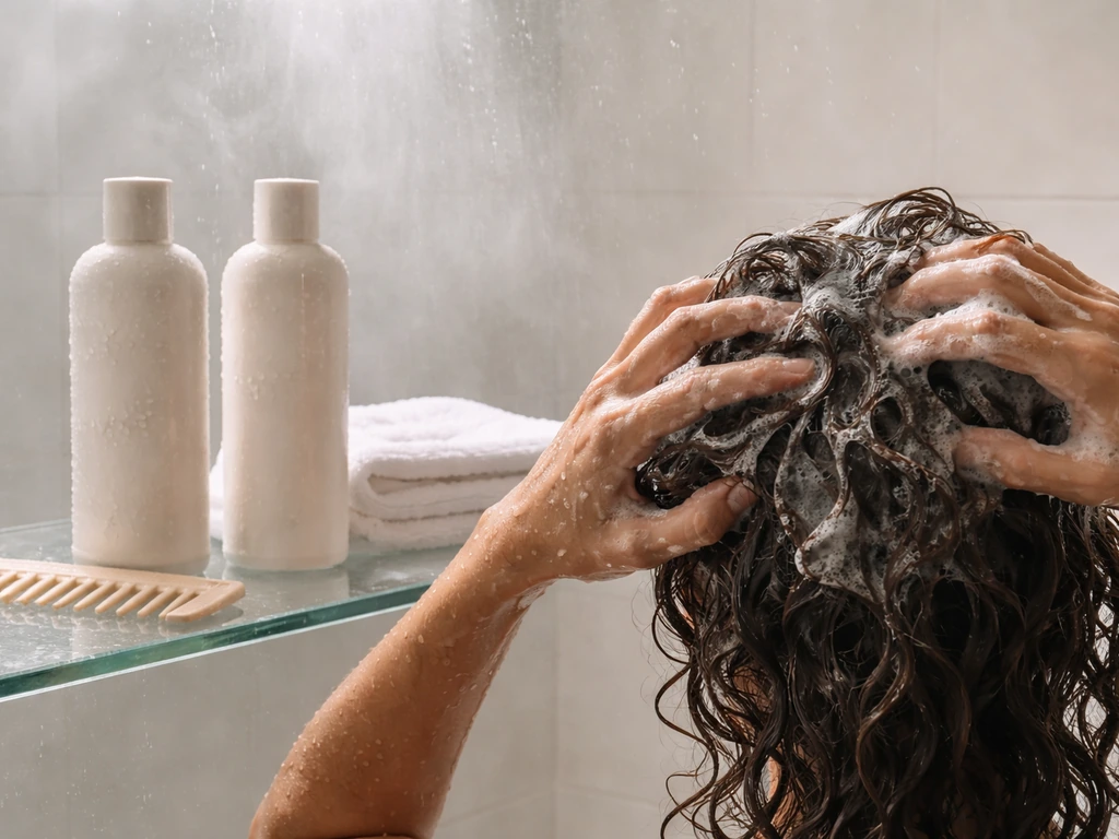 Sulfate-free shampoo bottle, conditioner, and a hands-on lather routine in a simple shower setup.