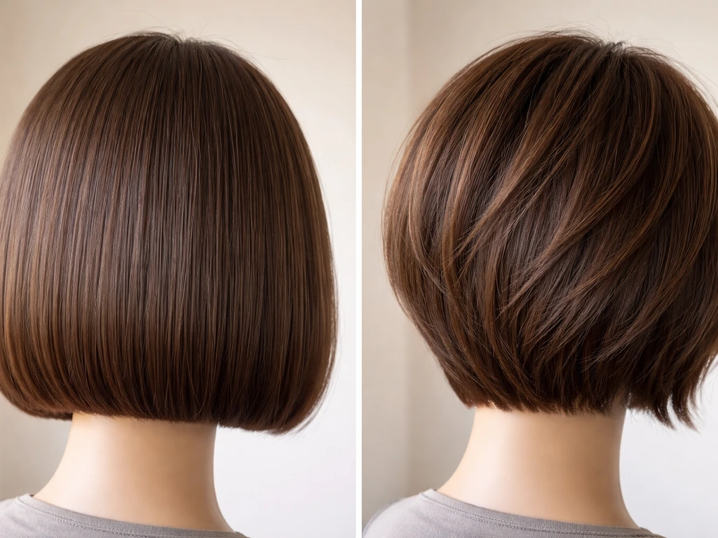 Close-up comparison of blunt vs layered bob hair showing extra crown bulk from shorter top pieces.