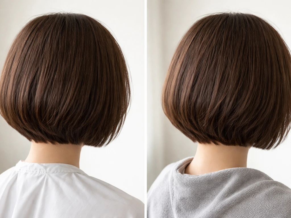 Close-up of an unfinished bob haircut showing softer, less defined layers after the first months.