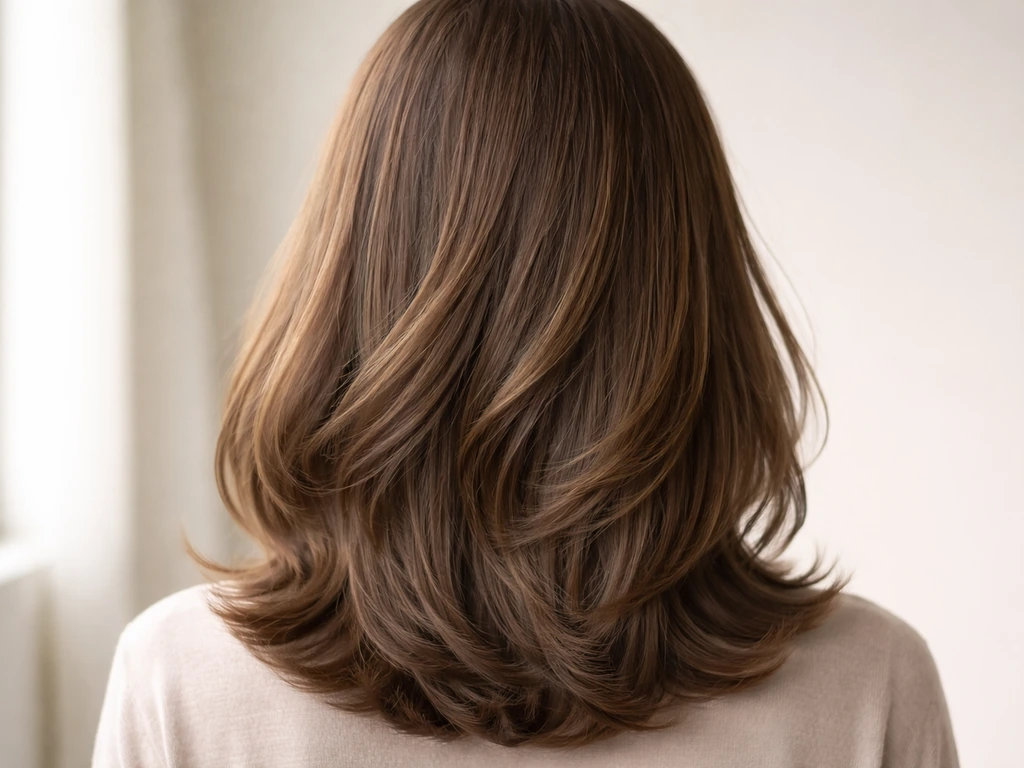 Close-up of a person’s hair showing blended layers and smooth movement at the ends