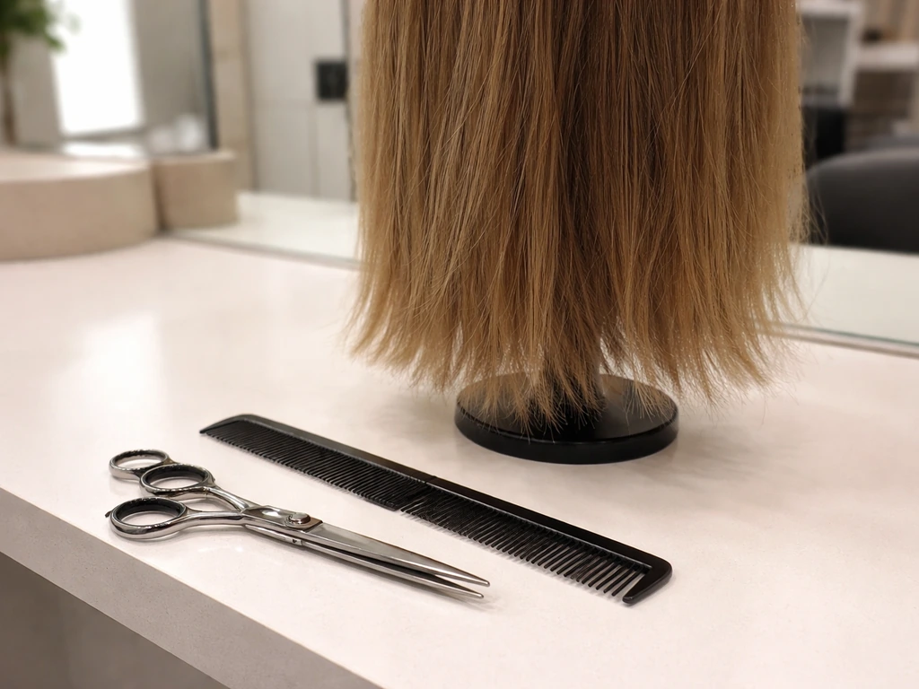 Hairstylist tools and comb beside a mannequin head showing a light dusting trim on dry hair ends