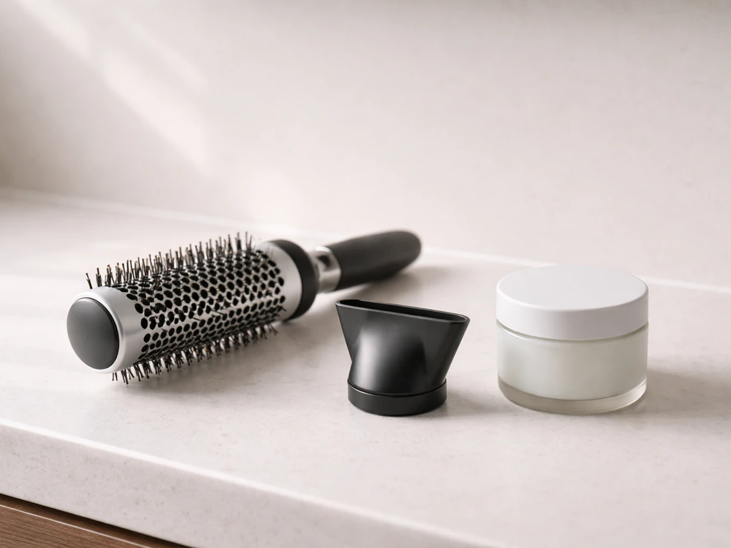 Round brush, concentrator nozzle, and leave-in styling cream arranged on a clean counter for daily hair styling