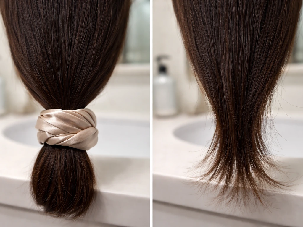 Side-by-side hair ends protected vs exposed, highlighting snapping risk from dryness and stress.