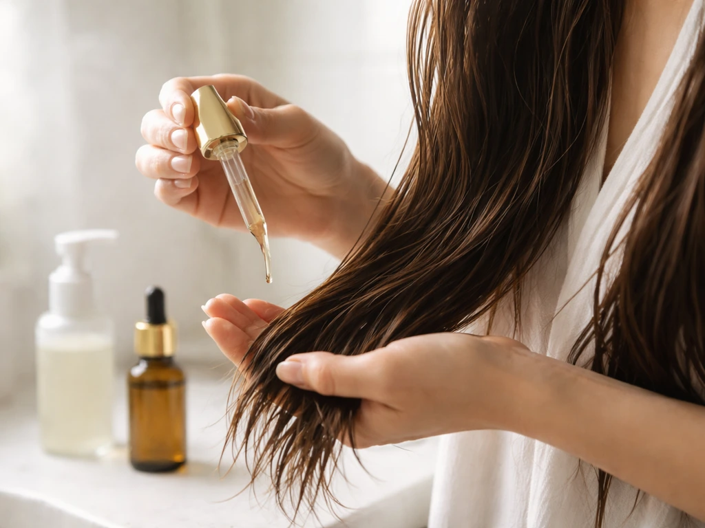 Hands apply hair serum to long, healthy-looking hair beside small oil bottles in a simple bathroom.