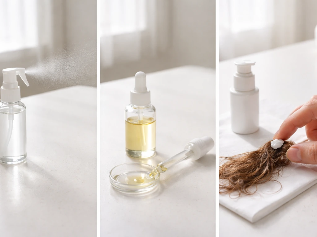 Three-step LOC Method setup with water spray, light oil, and leave-in cream on curly frizzy hair.