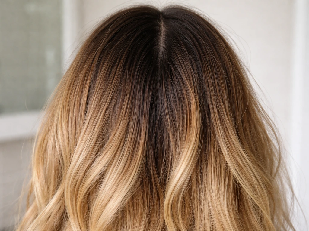 Close-up of hair showing regrowth at the roots blending into texturized ends