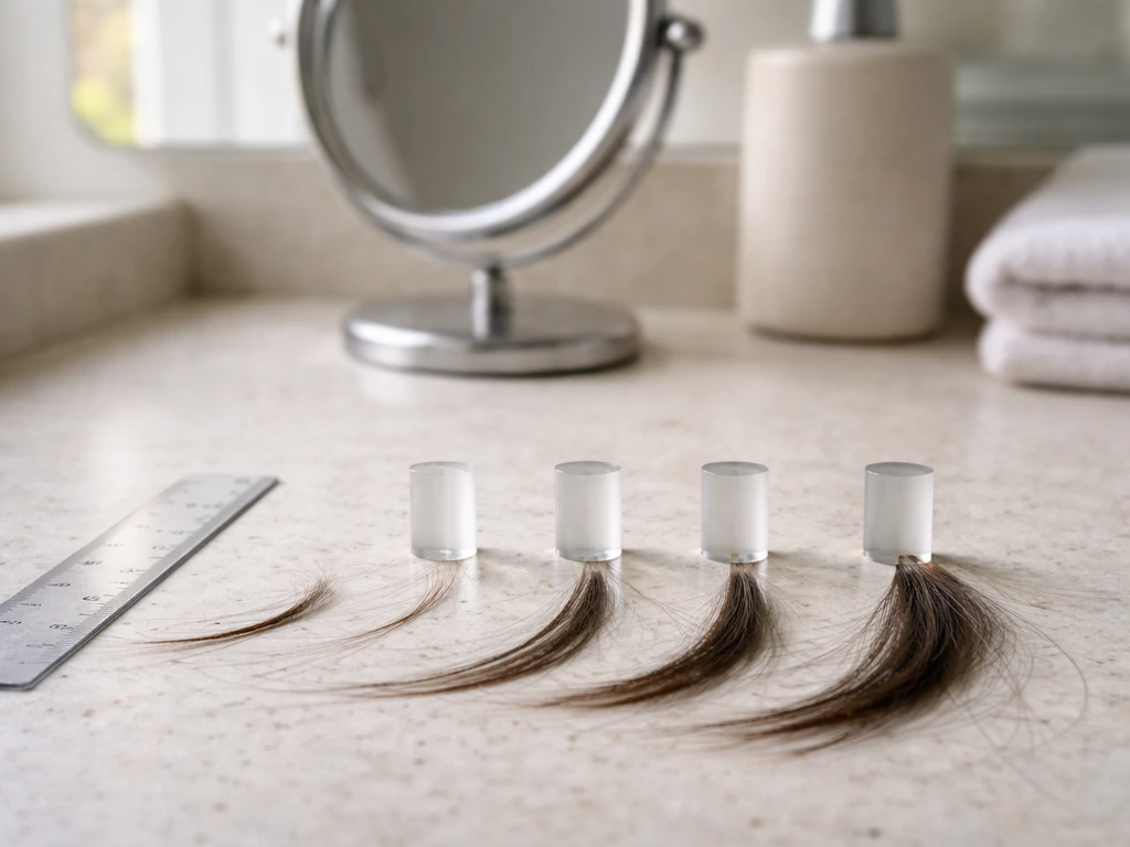 Minimal photo showing a simple hair regrowth timeline concept with a few labeled hair-length markers.