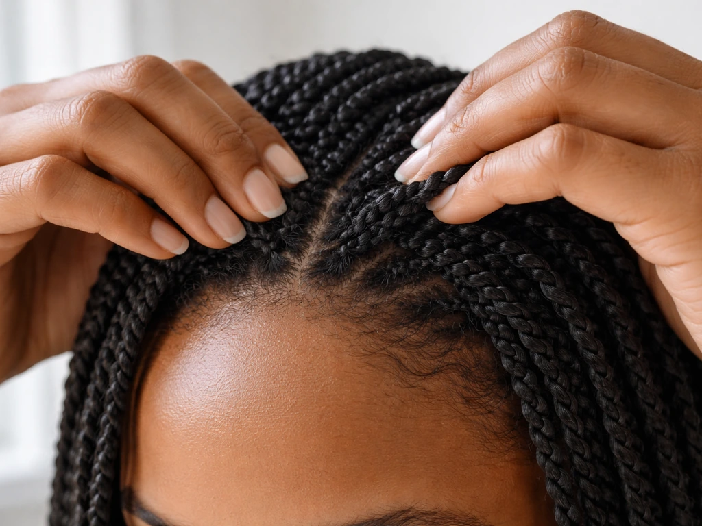 Hands adjusting small braids to tuck away the regrowth transition for a seamless blend.