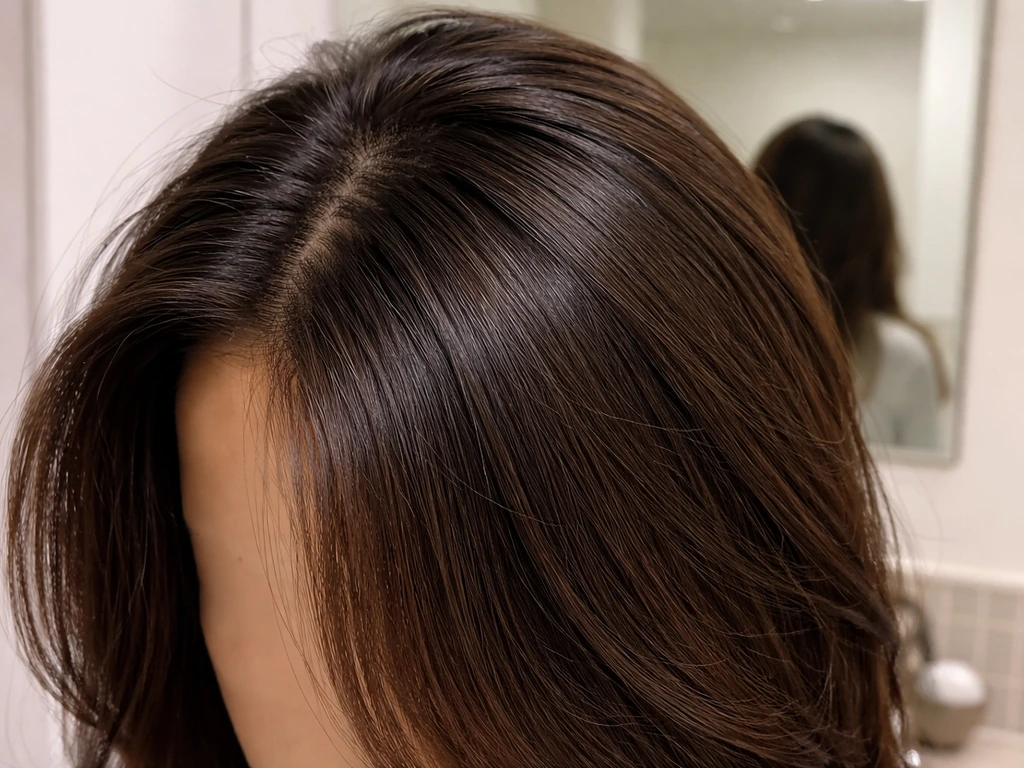 Anonymous close-up of hair with a deep side part and layers, showing attention shifted away from a texture contrast zone