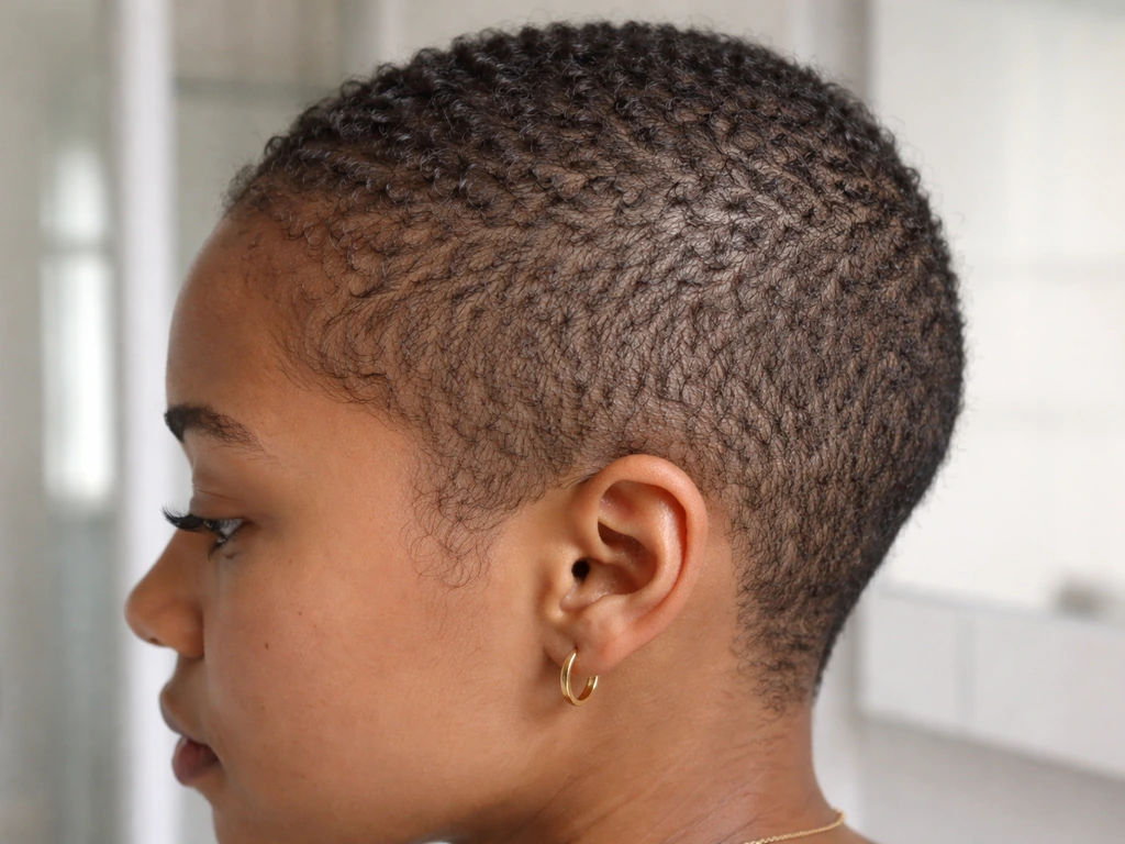 Close-up of a person with a very short buzz cut where early curls are beginning to emerge on the scalp.