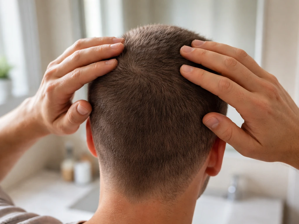Minimal photo of hands parting hair near a mirror, suggesting month-by-month hair growth timeline