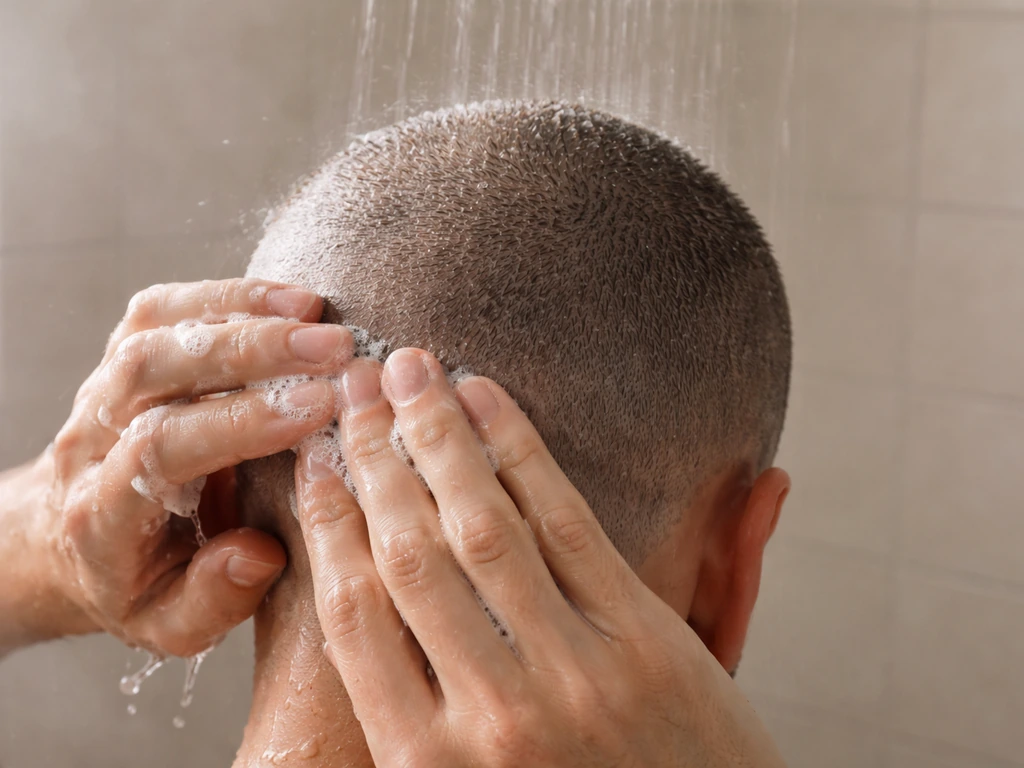 Hands rinsing a very short buzz-cut scalp while water runs, simple cleansing scene