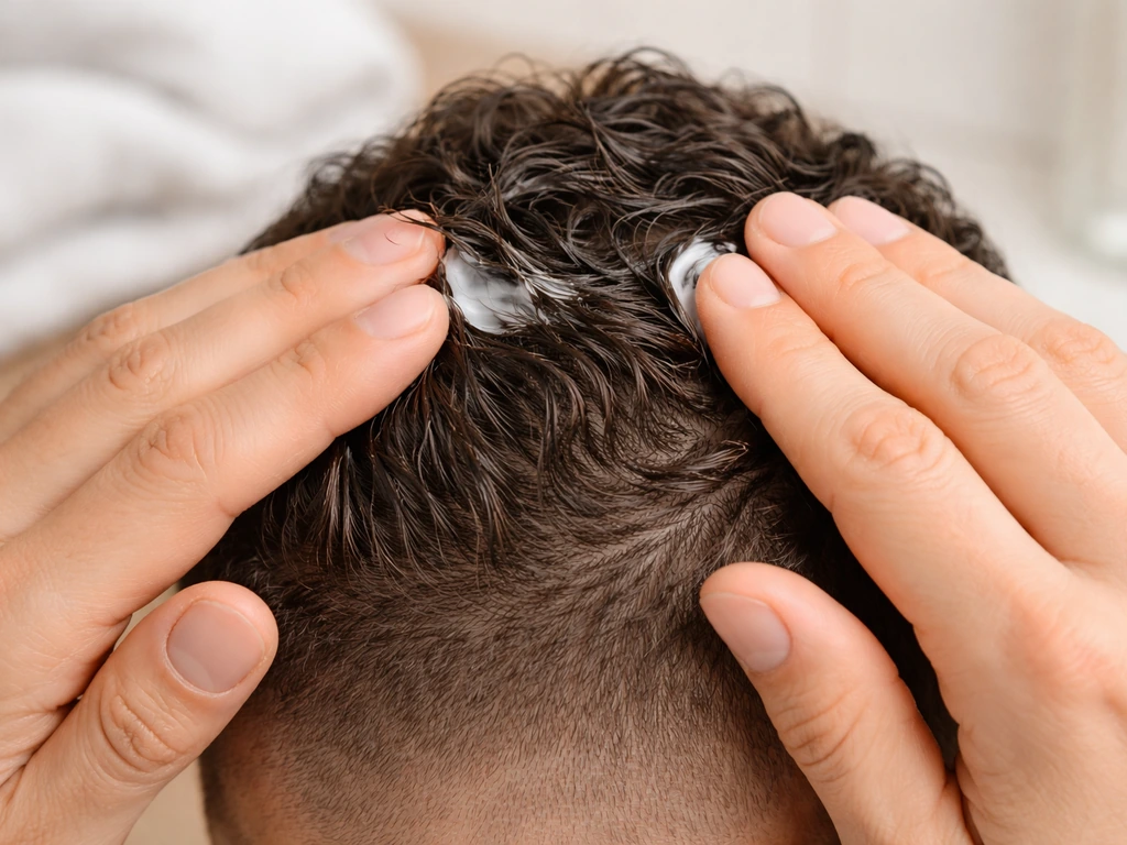 Anonymous hands pat lightweight leave-in curl cream onto damp short regrowth hair in a bathroom
