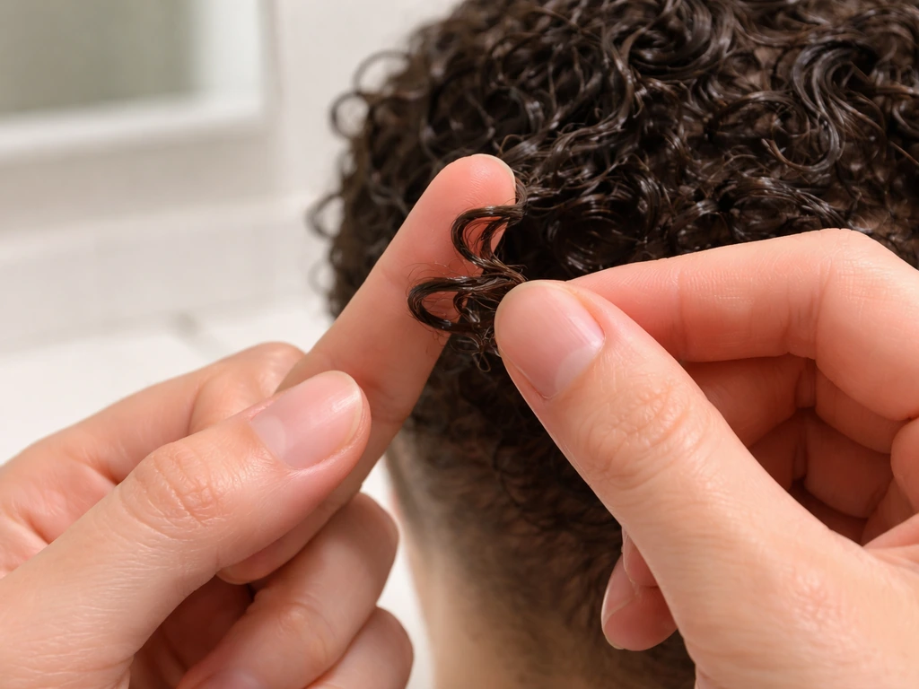Closeup of hands finger-coiling damp short curls around a finger with gentle light hold
