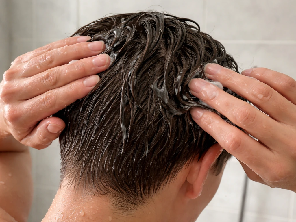 Hands apply leave-in and styling gel to soaking-wet short hair, forming clumps to reduce frizz.