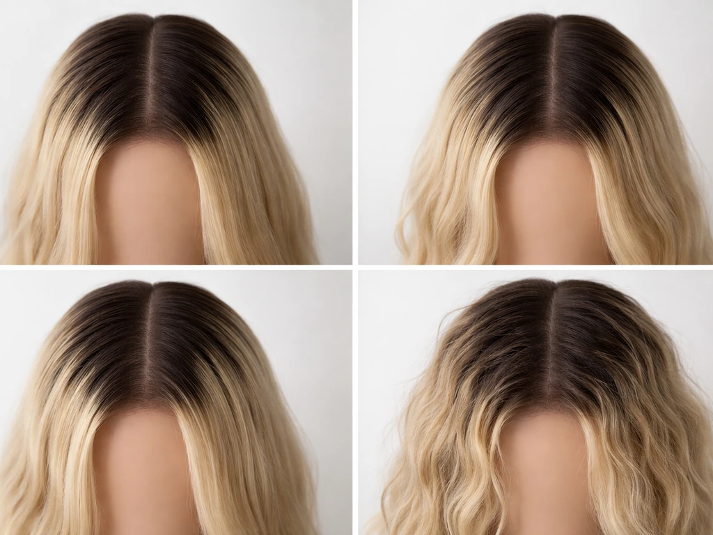 Split-view photo showing four distinct grow-out hair problems on a mannequin head in a simple studio.