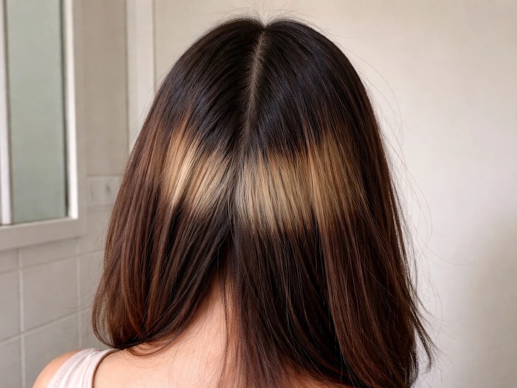 Close-up of two-tone hair regrowth: darker roots, lighter mid-band, darker ends.