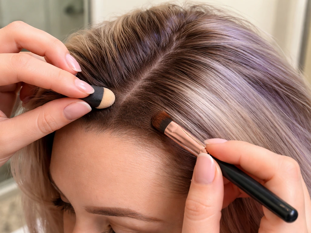Close-up of hands brushing root shadow powder/cream along a regrowth line for blended coverage.