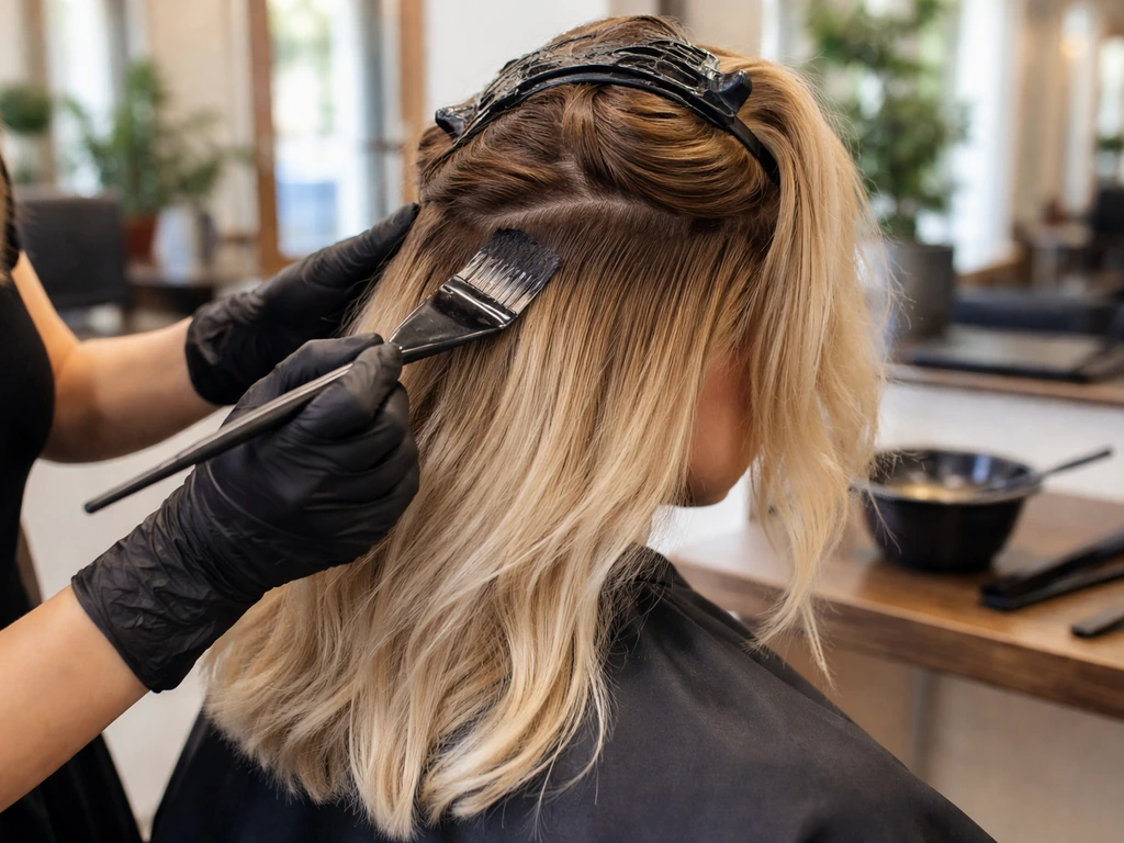 Hair stylist applies a shadow root/root smudge with a tint brush in a quiet salon setting.