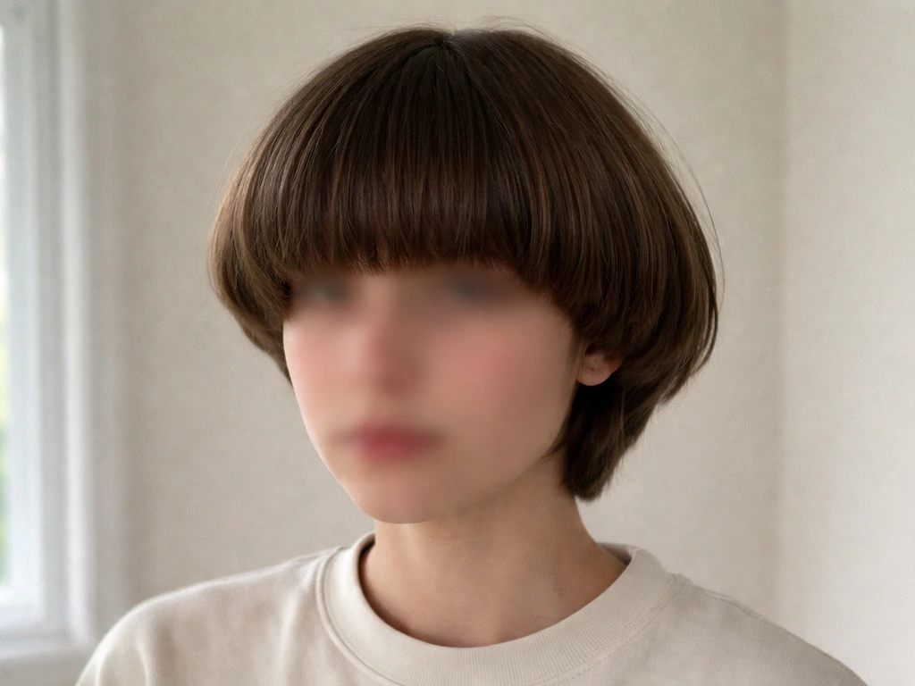 Close-up of a person’s bowl-cut hair showing blunt fringe and bulky sides in a simple room