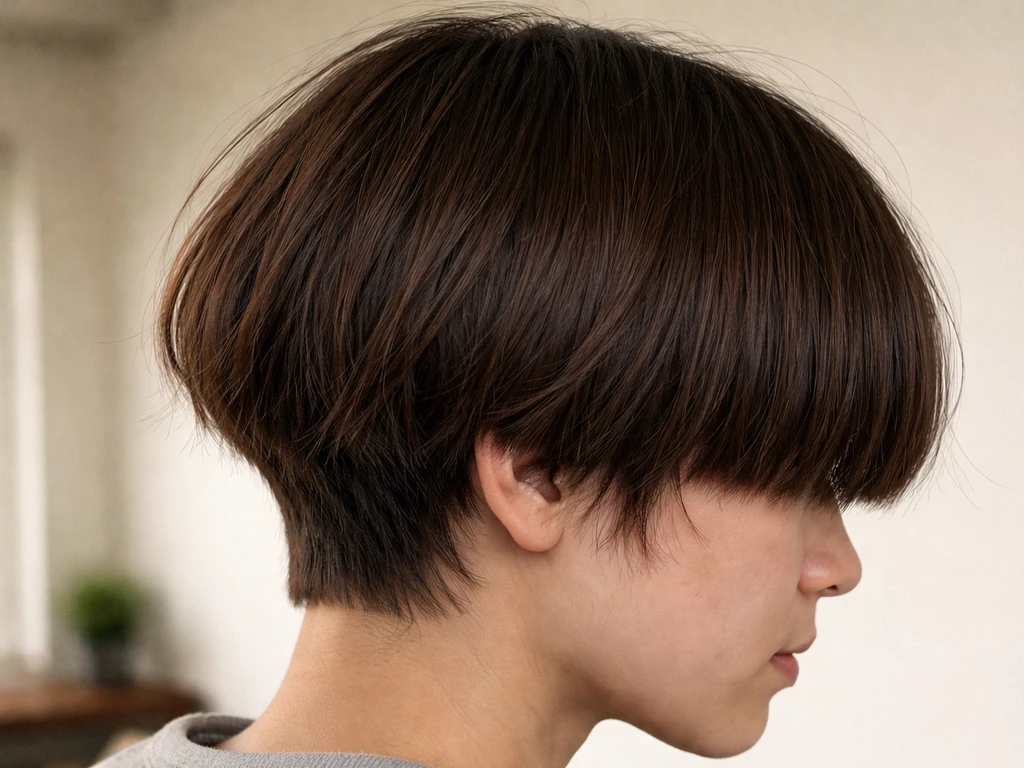Close-up of an anonymous bowl haircut showing heavy fringe and blunt side ends in the grow-out stage.
