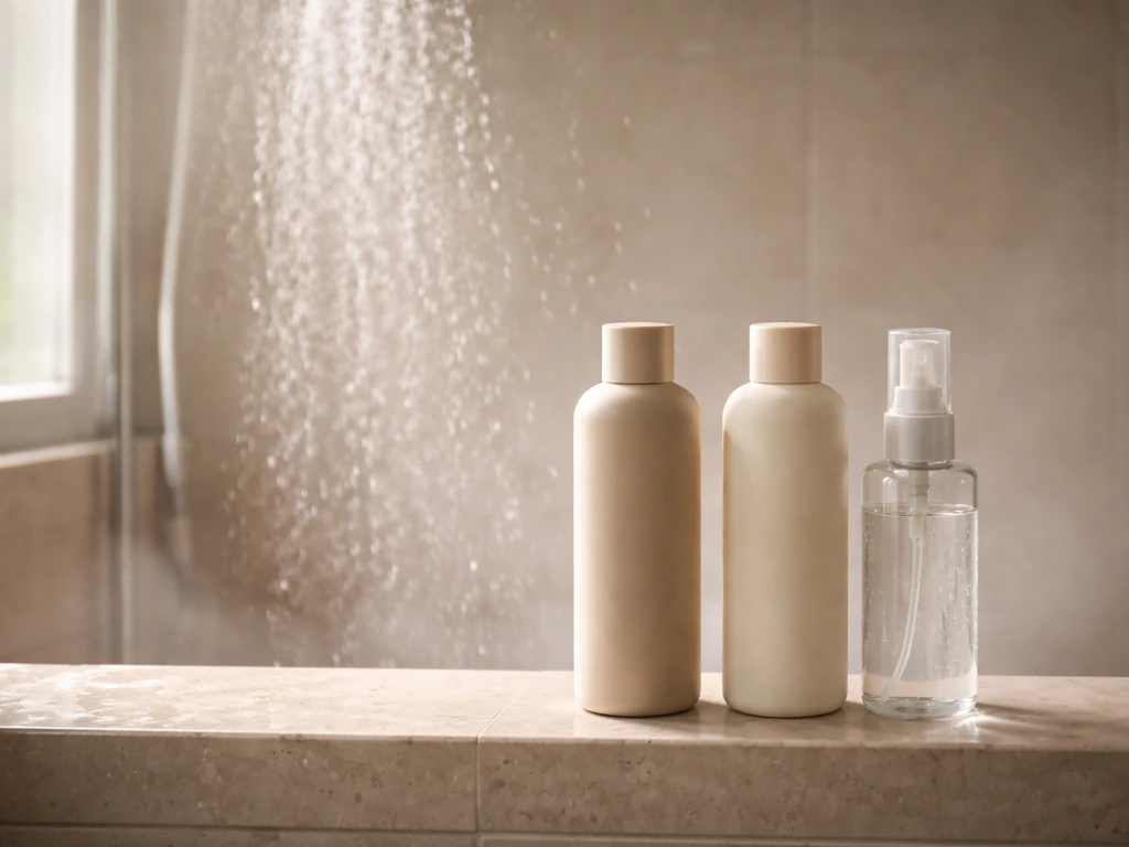 Lukewarm shower hair-wash setup with a gentle shampoo and conditioner bottles on a bathroom ledge.