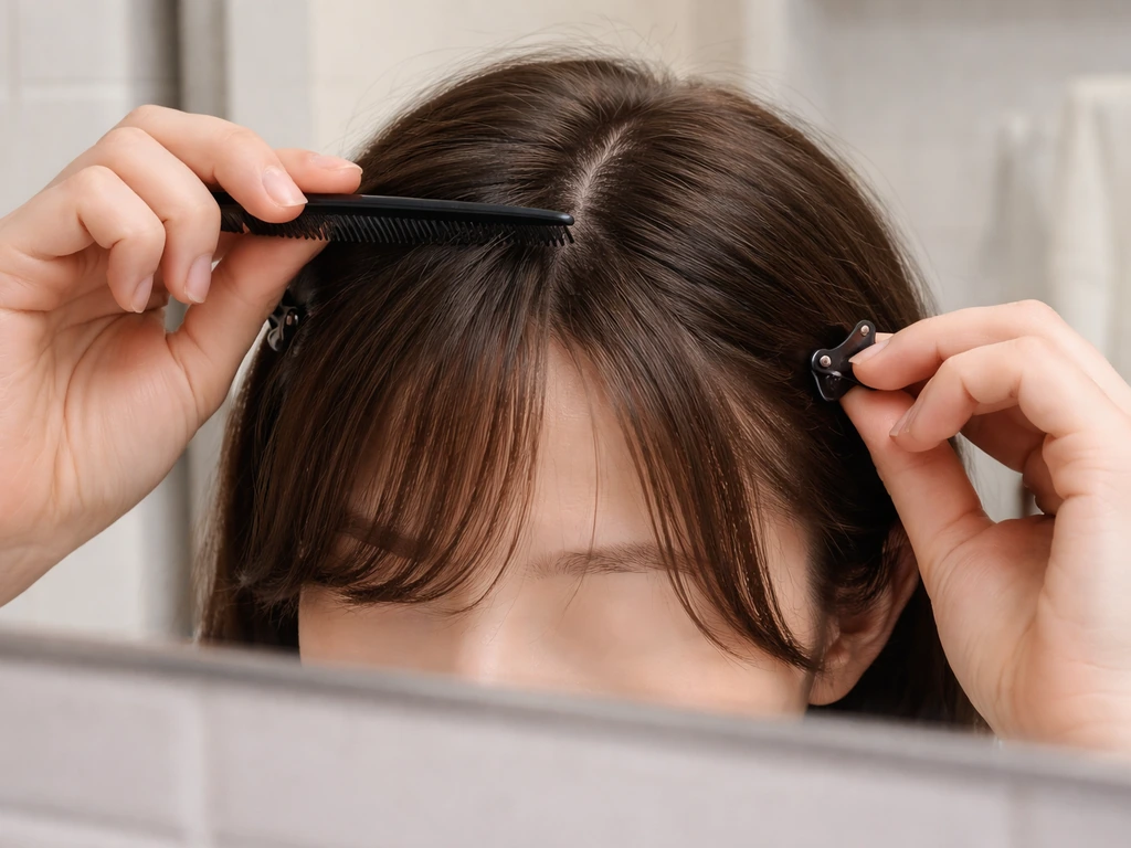 Person styling overgrown fringe with a side part, holding clips near a bathroom mirror
