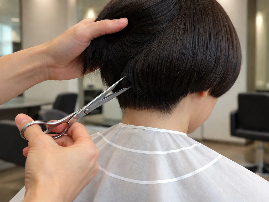 Hair stylist snipping small bulk points with scissors, focusing only on shaping area near a client’s bowl cut.