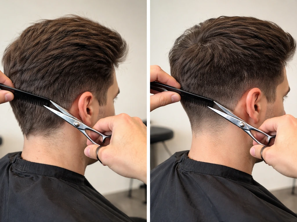 Anonymous stylist trims a client’s sides and back hair to reduce bulk in an awkward grow-out phase.