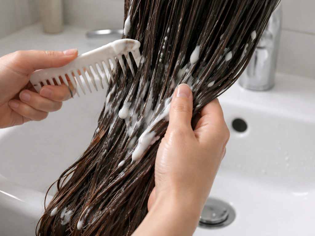Hands apply conditioner and use a wide-tooth comb to detangle damp hair over a clean sink.