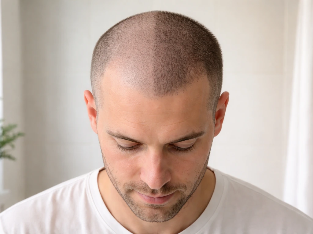 Three-stage shaved-head grow-out progression on one person: stubble to short crop in a minimal setting