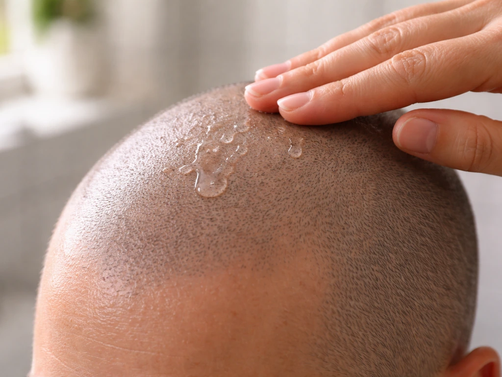 Close-up of a hand applying moisturizer to a freshly shaved, regrowing scalp with natural light.