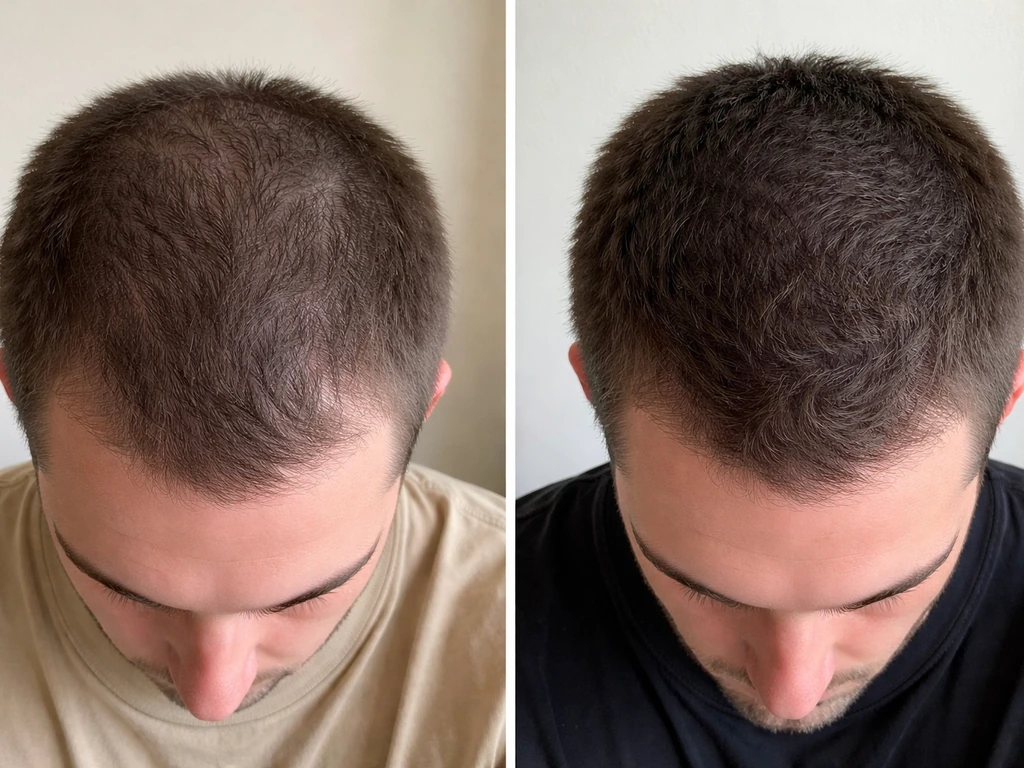 Close-up split panels of hair growth: awkward short buzz with cowlicks vs longer stubble with clearer growth direction.