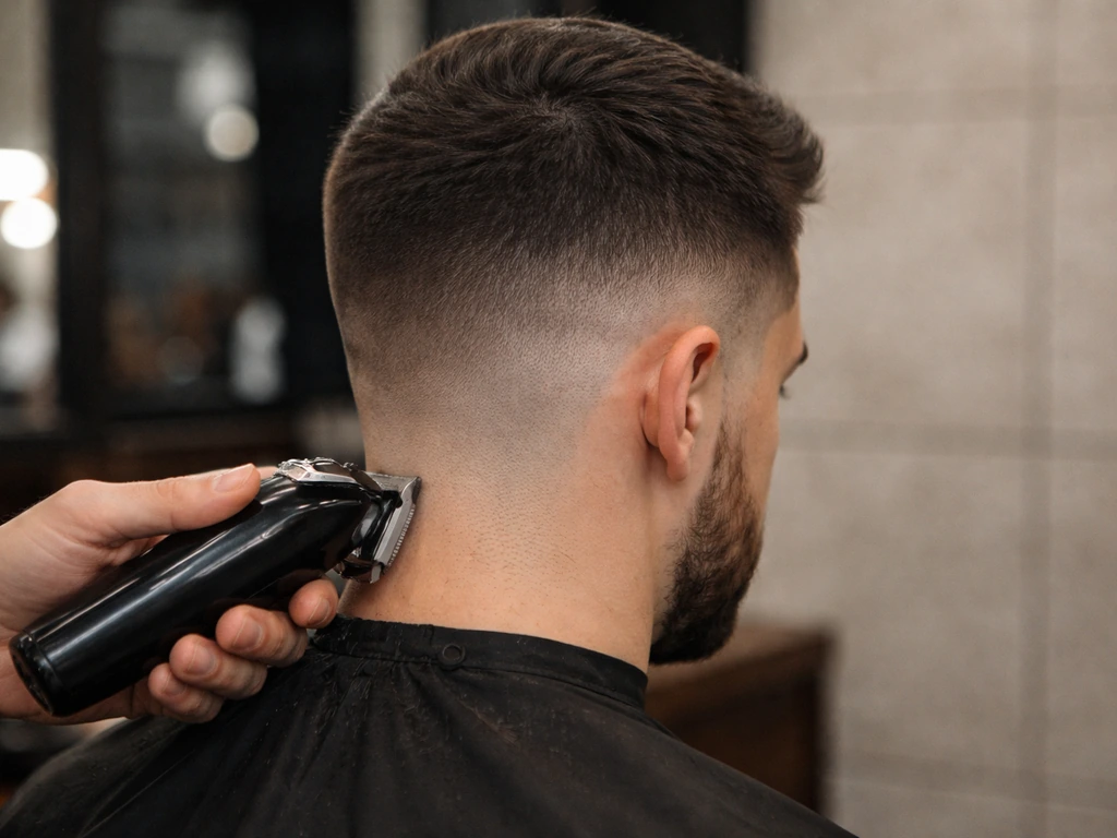 Close-up of a barber trimming the back and sides of a buzz cut with a tidy neckline and blended fade
