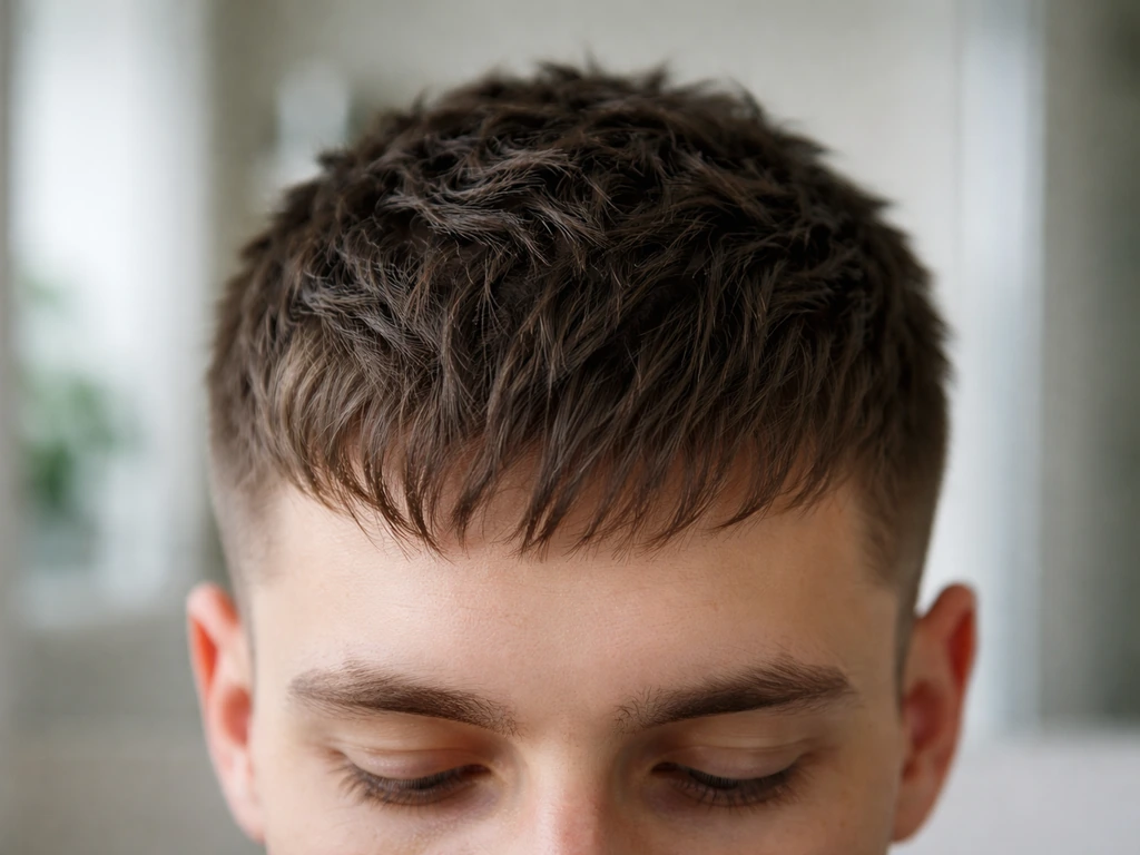Close-up of short textured crop hair with forward fringe and subtle light styling product, minimal background.