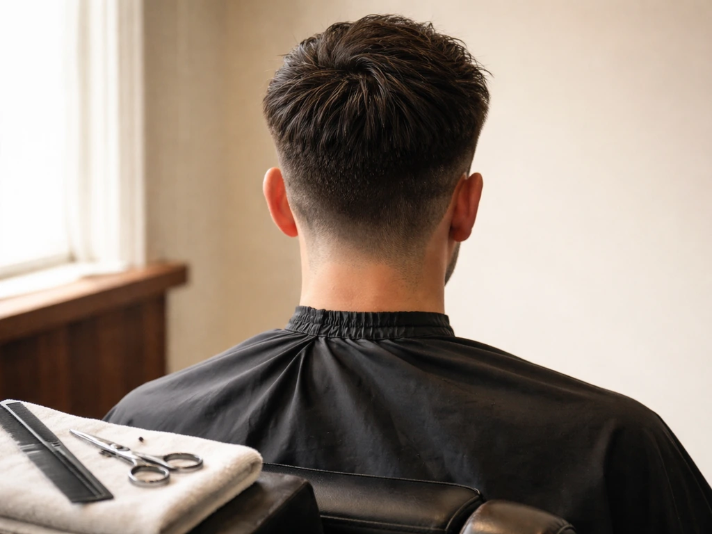 Barber scissors and comb beside two neat hair sections—trimmed neckline vs untouched top length boundary.