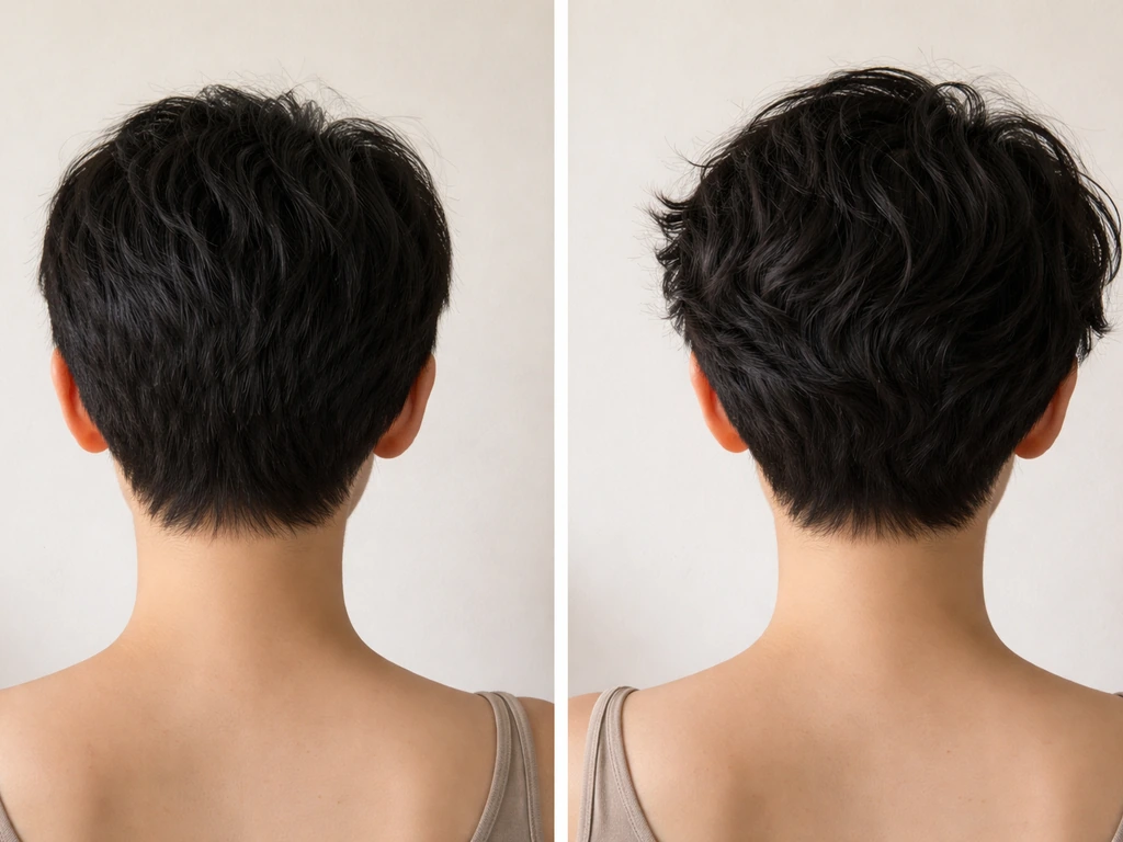 Two-panel diptych showing black pixie hair: very short cut on left, longer regrowth on right